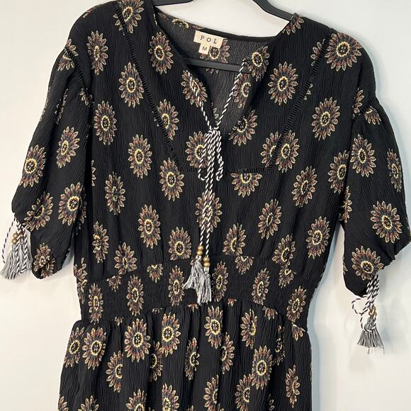 POL Boho Peasant Black Floral Artisan Midi Dress Cinched Waist Tassels Indie M - Picture 14 of 14